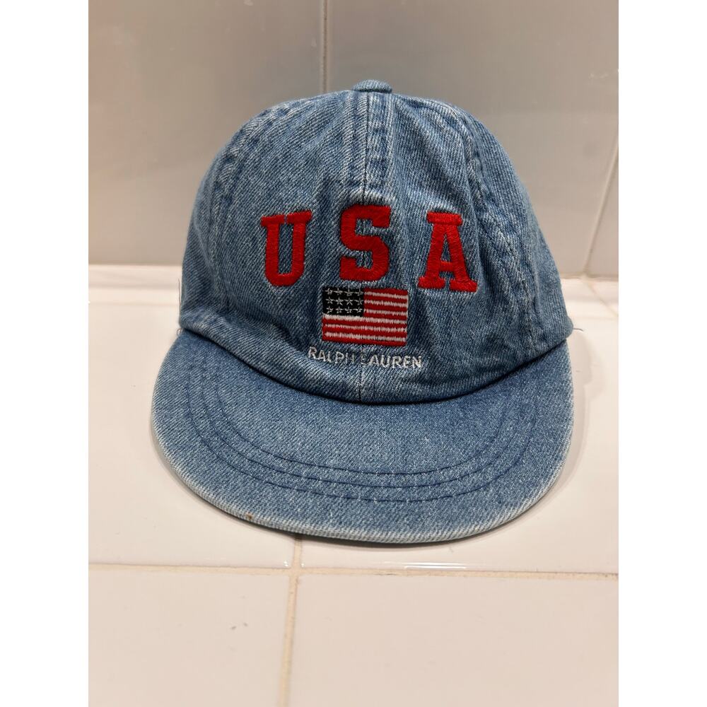 Vintage Ralph Lauren Blue Denim USA Flag Infant Cap Strap Hat One Size